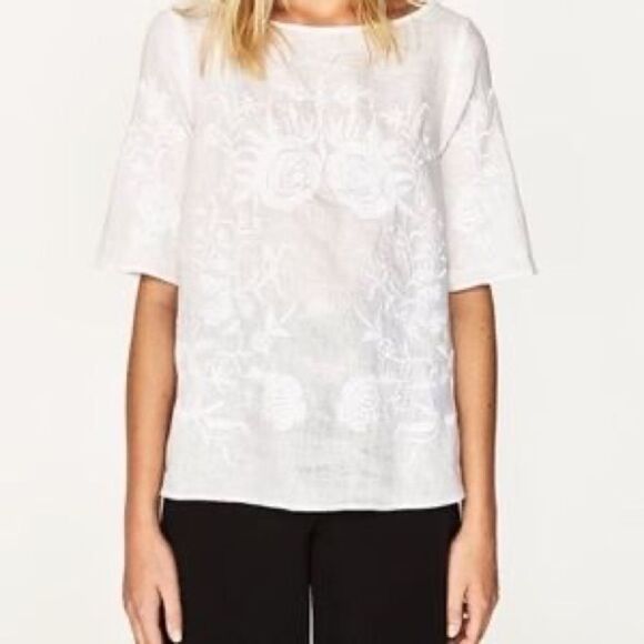 Zara White Floral Linen Embroidered Top - Picture 1 of 7